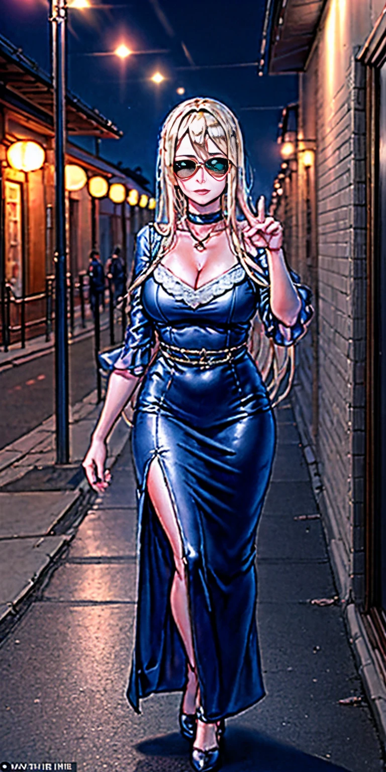 Setting: Atmospheric Street Background (Think bustling city street at night with neon lights and rain, a foggy alleyway, or a deserted highway at dusk) - Choose the specific atmosphere you desire. Character: Appearance: Ultra Quality - High level of detail and realism Shiny Skin - Glowing and healthy Long wet Hair - Flowing down the back Narrowed Eyes - Focused and intense expression (sharp or piercing) Attire: Long Dress - Elegant and flowing Pose: Fingers Crossed - A gesture hinting at hope, nervousness, or even making a wish. Accessories: Sunglasses - Adding a touch of mystery or coolness (consider the style of sunglasses to match the overall mood) Additional Notes: Consider adding details about the character's posture (standing tall, leaning against a wall, etc.) to enhance the scene. The quality of the image is 8K or Cinematic 