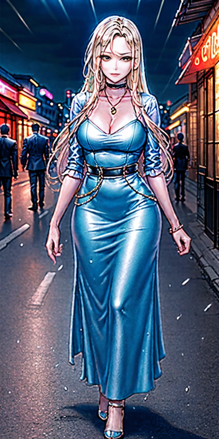 Setting: Atmospheric Street Background (Think bustling city street at night with neon lights and rain, a foggy alleyway, or a deserted highway at dusk) - Choose the specific atmosphere you desire. Character: Appearance: Ultra Quality - High level of detail and realism Shiny Skin - Glowing and healthy Long wet Hair - Flowing down the back Narrowed Eyes - Focused and intense expression (sharp or piercing) Attire: Long Dress - Elegant and flowing Pose: Fingers Crossed - A gesture hinting at hope, nervousness, or even making a wish. Accessories: Sunglasses - Adding a touch of mystery or coolness (consider the style of sunglasses to match the overall mood) Additional Notes: Consider adding details about the character's posture (standing tall, leaning against a wall, etc.) to enhance the scene. The quality of the image is 8K or Cinematic 