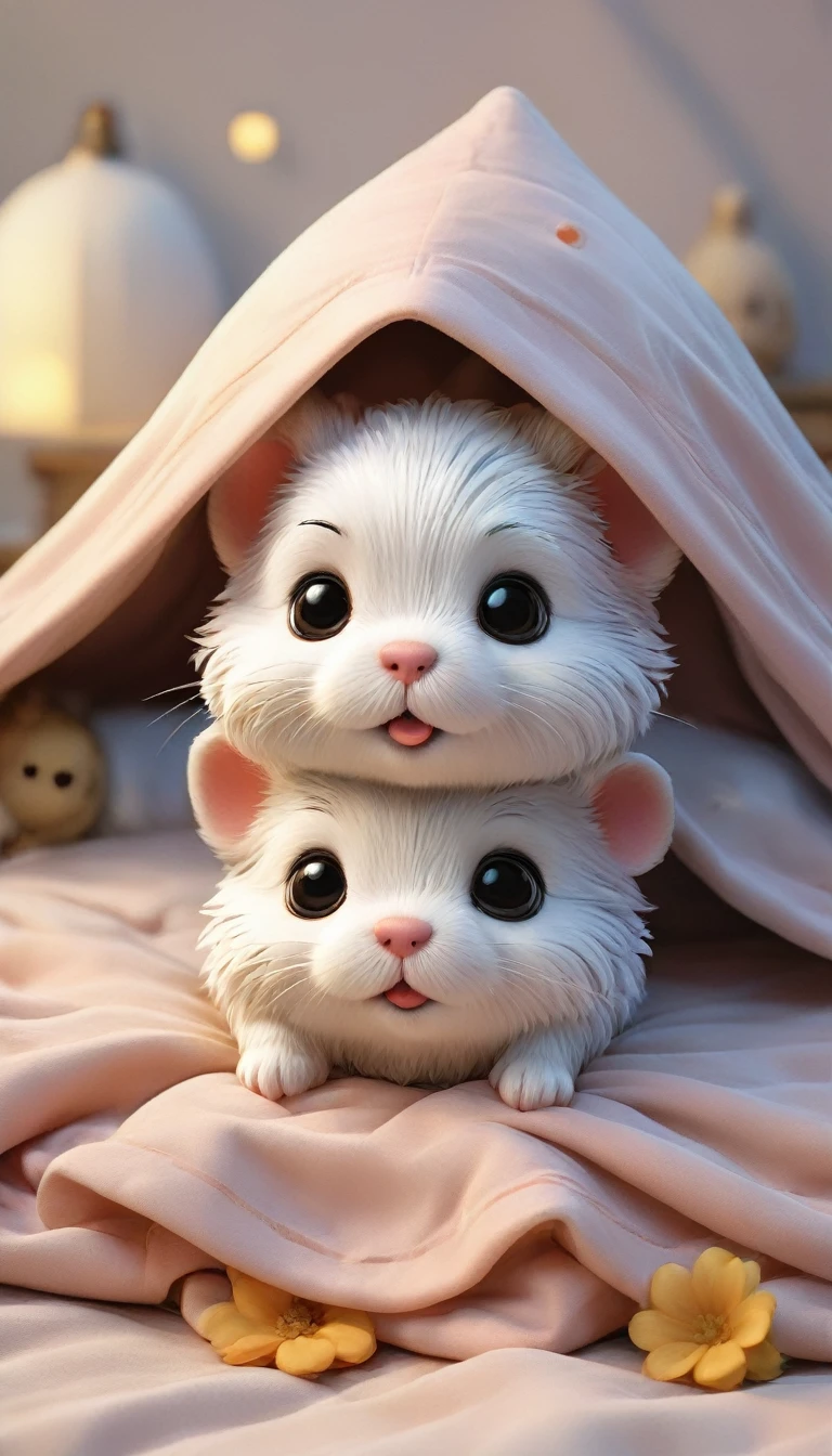 With the sunset in the background,(masterpiece:1.2, high quality), Several baby hamsters sleeping together in bed、