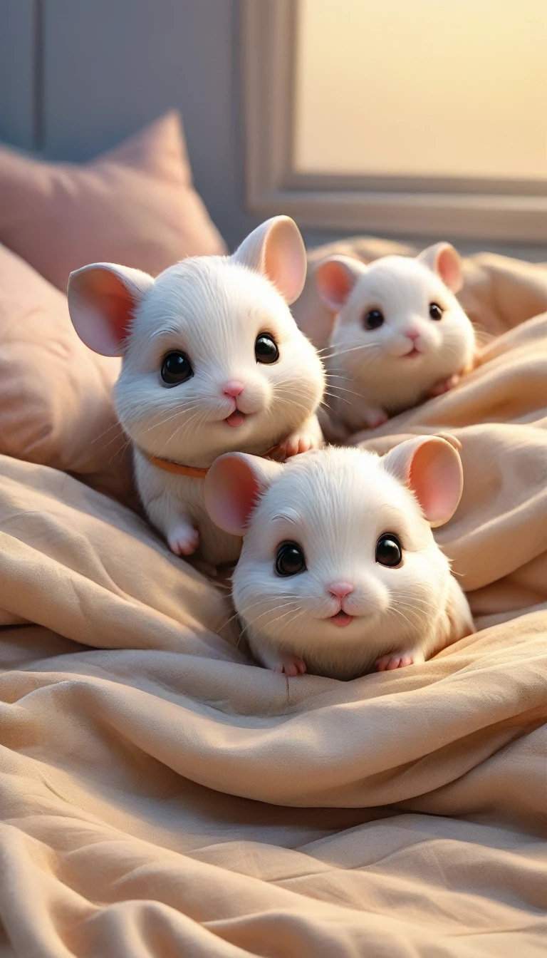 With the sunset in the background,(masterpiece:1.2, high quality), Several baby hamsters sleeping together in bed、