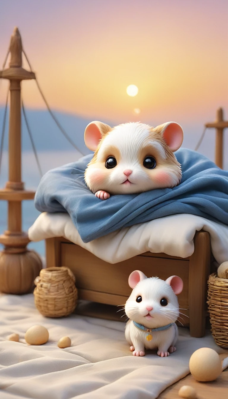 With the sunset in the background,(masterpiece:1.2, high quality), Several baby hamsters sleeping together in bed、