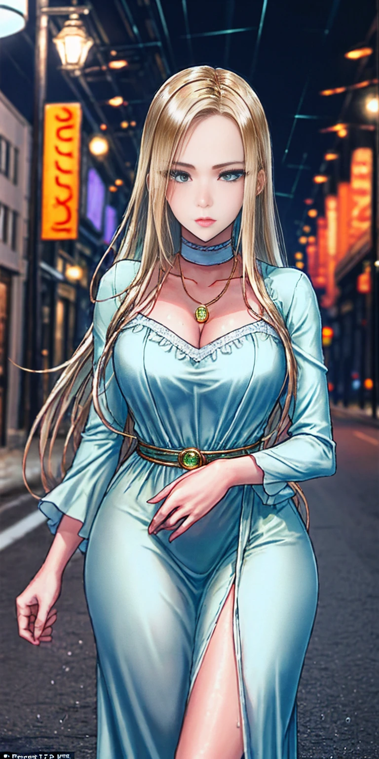 Setting: Atmospheric Street Background (Think bustling city street at night with neon lights and rain, a foggy alleyway, or a deserted highway at dusk) - Choose the specific atmosphere you desire. Character: Appearance: Ultra Quality - High level of detail and realism Shiny Skin - Glowing and healthy Long wet Hair - Flowing down the back Narrowed Eyes - Focused and intense expression (sharp or piercing) Attire: Long Dress - Elegant and flowing Pose: Fingers Crossed - A gesture hinting at hope, nervousness, or even making a wish. Accessories: Sunglasses - Adding a touch of mystery or coolness (consider the style of sunglasses to match the overall mood) Additional Notes: Consider adding details about the character's posture (standing tall, leaning against a wall, etc.) to enhance the scene. The quality of the image is 8K or Cinematic 