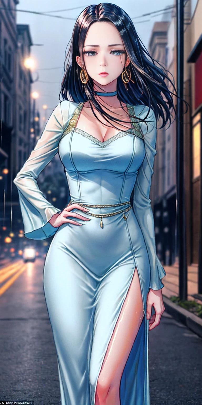 Setting: Atmospheric Street Background (Think bustling city street at night with neon lights and rain, a foggy alleyway, or a deserted highway at dusk) - Choose the specific atmosphere you desire. Character: Appearance: Ultra Quality - High level of detail and realism Shiny Skin - Glowing and healthy Long wet Hair - Flowing down the back Narrowed Eyes - Focused and intense expression (sharp or piercing) Attire: Long Dress - Elegant and flowing Pose: Fingers Crossed - A gesture hinting at hope, nervousness, or even making a wish. Accessories: Sunglasses - Adding a touch of mystery or coolness (consider the style of sunglasses to match the overall mood) Additional Notes: Consider adding details about the character's posture (standing tall, leaning against a wall, etc.) to enhance the scene. The quality of the image is 8K or Cinematic 