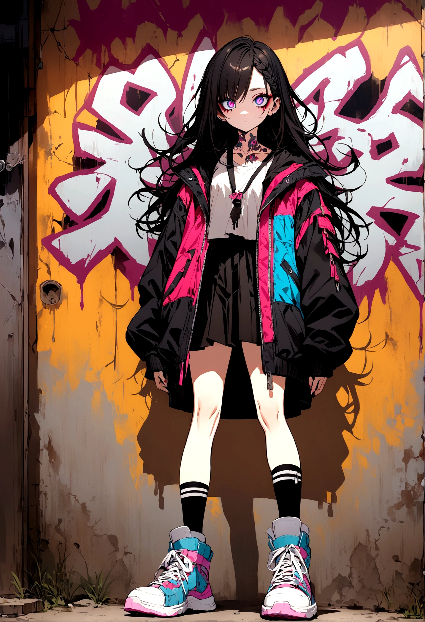 Step Piece, Best Quality, Best Illustration, Ultra-detailed,girl, pinkrose long hair, crazy baddie girl, Cool Black Open Short Jacket, neck tattoo, Messy Fade Cut Hair, Side braided hair,Crazy, standing with an eerie feeling, abandond street graffiti wall background,knee high socks, quirky sneakers, Eyeshadow on the eyes,unusual colored eyes, Eyes of fear, Vivid eyes, cool shot