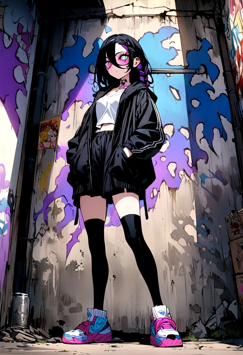 Step Piece, Best Quality, Best Illustration, Ultra-detailed,girl, pinkrose long hair, crazy baddie girl, Cool Black Open Short Jacket, neck tattoo, Messy Fade Cut Hair, Side braided hair,Crazy, standing with an eerie feeling, abandond street graffiti wall background,knee high socks, quirky sneakers, Eyeshadow on the eyes,unusual colored eyes, Eyes of fear, Vivid eyes, cool shot
