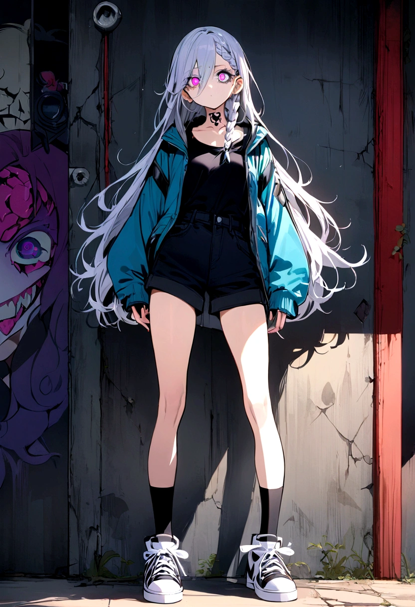 Step Piece, Best Quality, Best Illustration, Ultra-detailed,girl, pinkrose long hair, crazy baddie girl, Cool Black Open Short Jacket, neck tattoo, Messy Fade Cut Hair, Side braided hair,Crazy, standing with an eerie feeling, abandond street graffiti wall background,knee high socks, quirky sneakers, Eyeshadow on the eyes,unusual colored eyes, Eyes of fear, Vivid eyes, cool shot