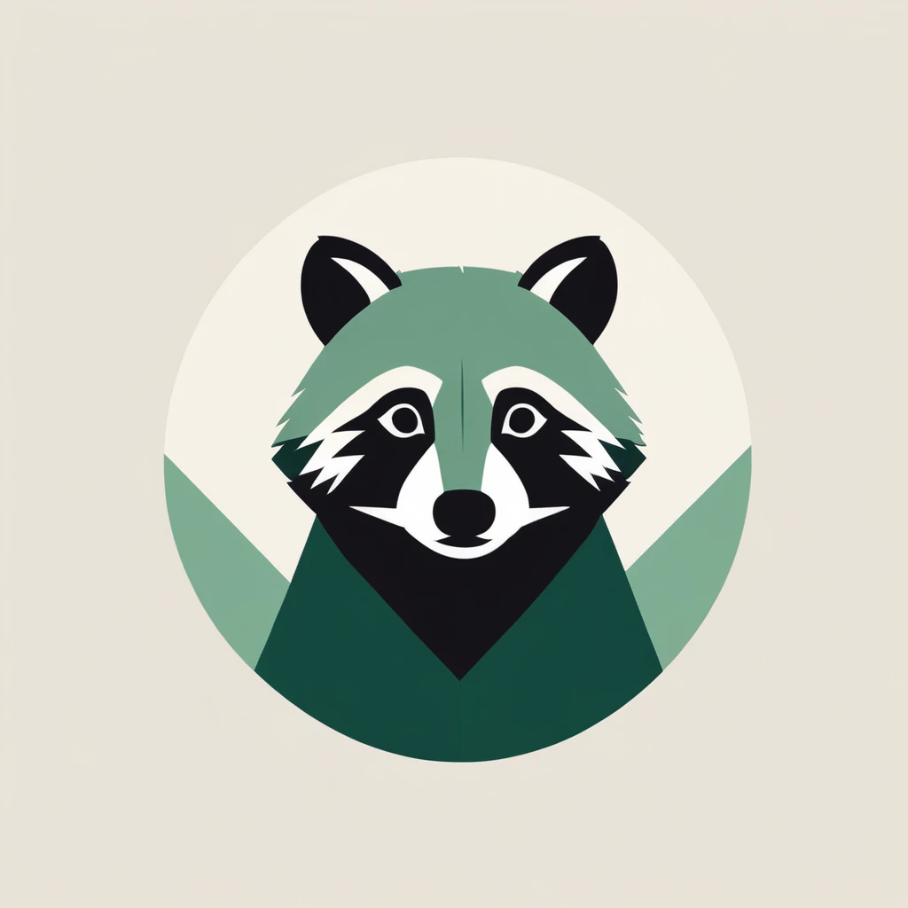 round, minimalist, raccoon, colors (off white, black, green), bold geometry, cartoon flat