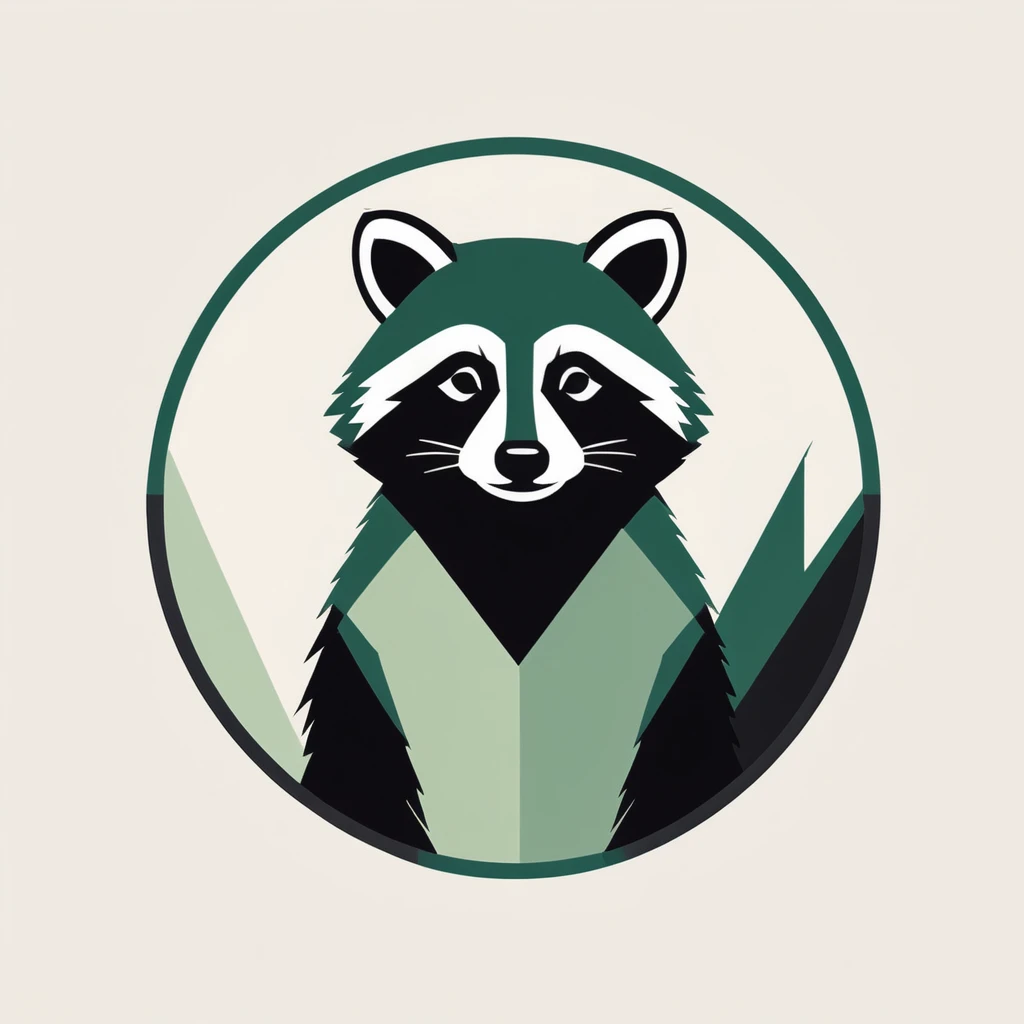 round, minimalist, raccoon, colors (off white, black, green), bold geometry, cartoon flat