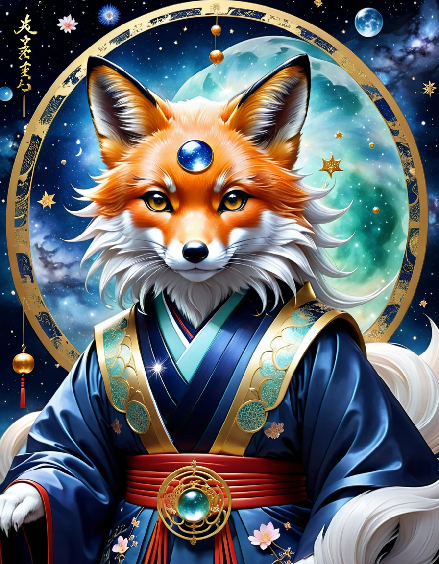 Ancient Japanese astrologers_Legendary Onmyoji_Abe no Seimei、Guardian of the Fox、Mysterious atmosphere、Crystal Jade、12Manipulate the constellations:1.5