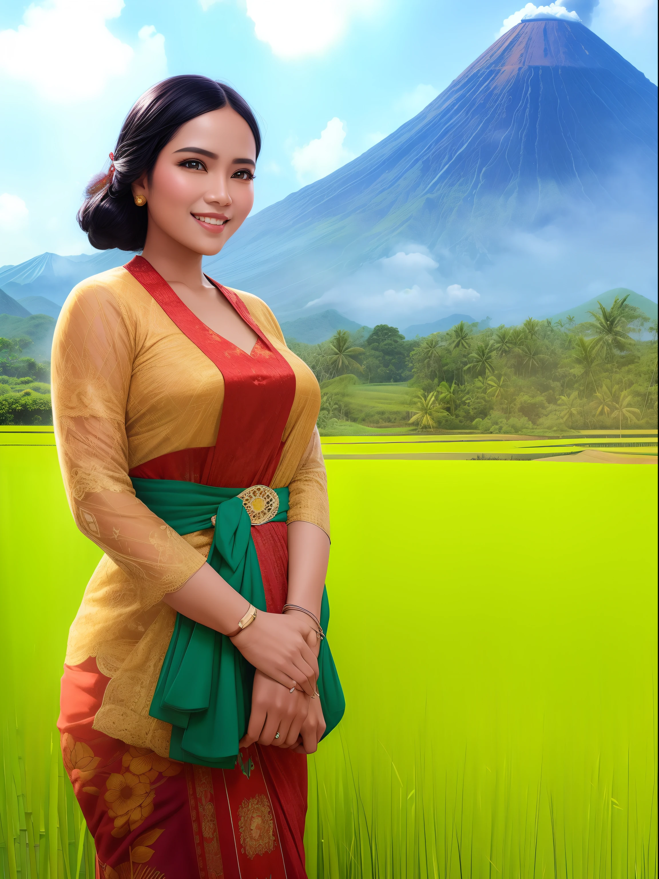 A beautiful black-haired woman Indonesia West Javanese Rice Farmer wears light green kebaya dress with a happy face and light laughter, nourishing her about to plant rice in her vast rice field with beautiful volcano in the background, Bamboo hut and bamboo woods, an epic masterpiece of hyper realistic digital art by Frank Bellamy, Professional color classification by Kenneth Hines Jr.. , 80's European Color Comic Style