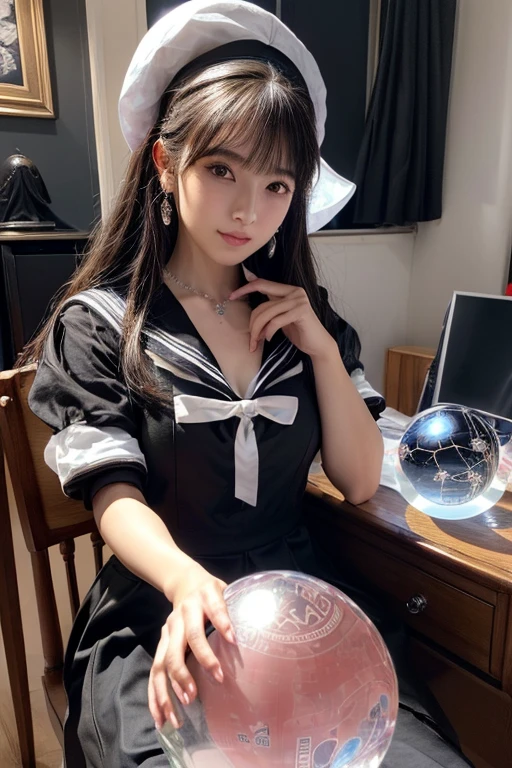 ((Highest quality、masterpiece、8K))、Anatomically correct、Very detailed、High resolution、Realistic、Beautiful white skin、((Beautiful, starry, almond-shaped, detailed eyes))、Well-formed nose bridge、Intricate details、Cinematic lighting、((Sit on a chair))、((Dark room without light))、(((The desk in front of me)))(((A large crystal ball on a desk)))(((Hold your right hand over the crystal ball)))、(((The left hand is a piece)))、(((Black Sailor Suit)))、(((Smiling with visible canines)))