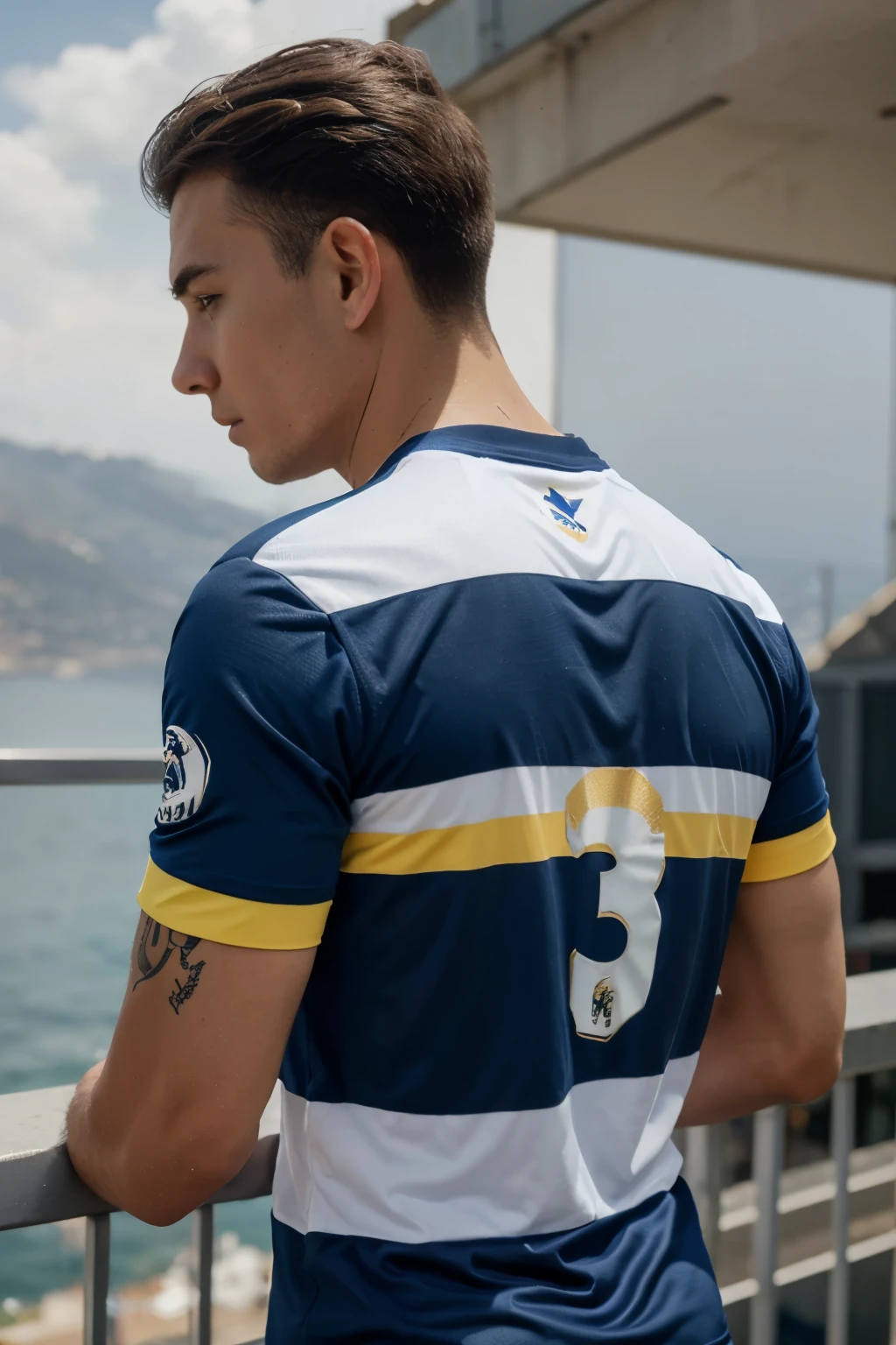 Viña del Mar Everton T-shirt, Dark blue color with a yellow gold horizontal stripe and white number on the back of the jersey