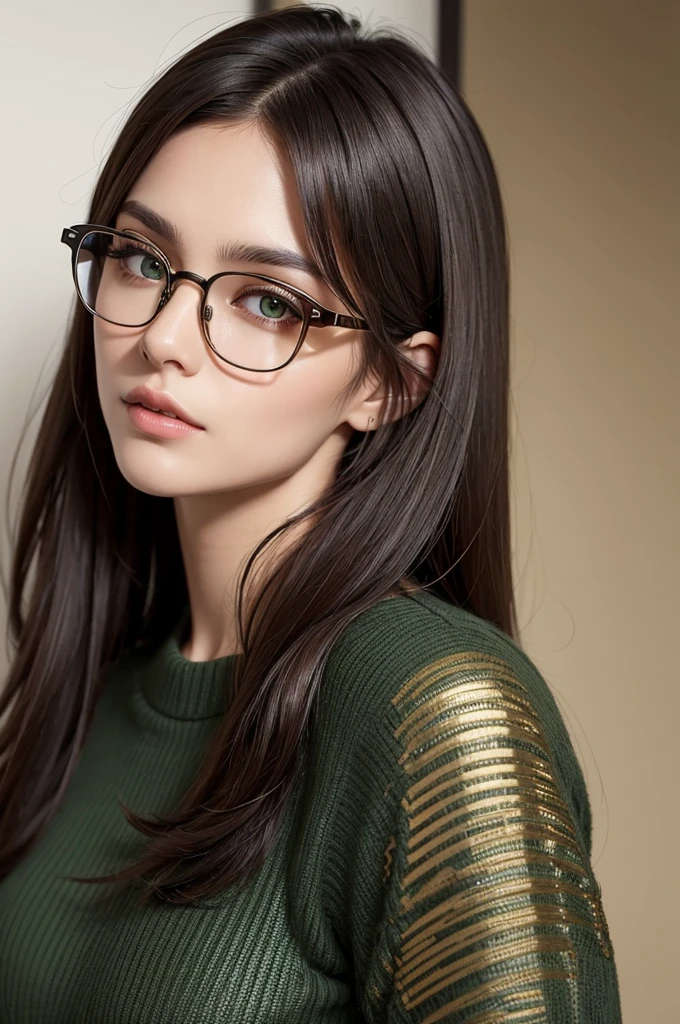 Black Loose medium-length dark brown hair Dark green eyes Thin gold glasses