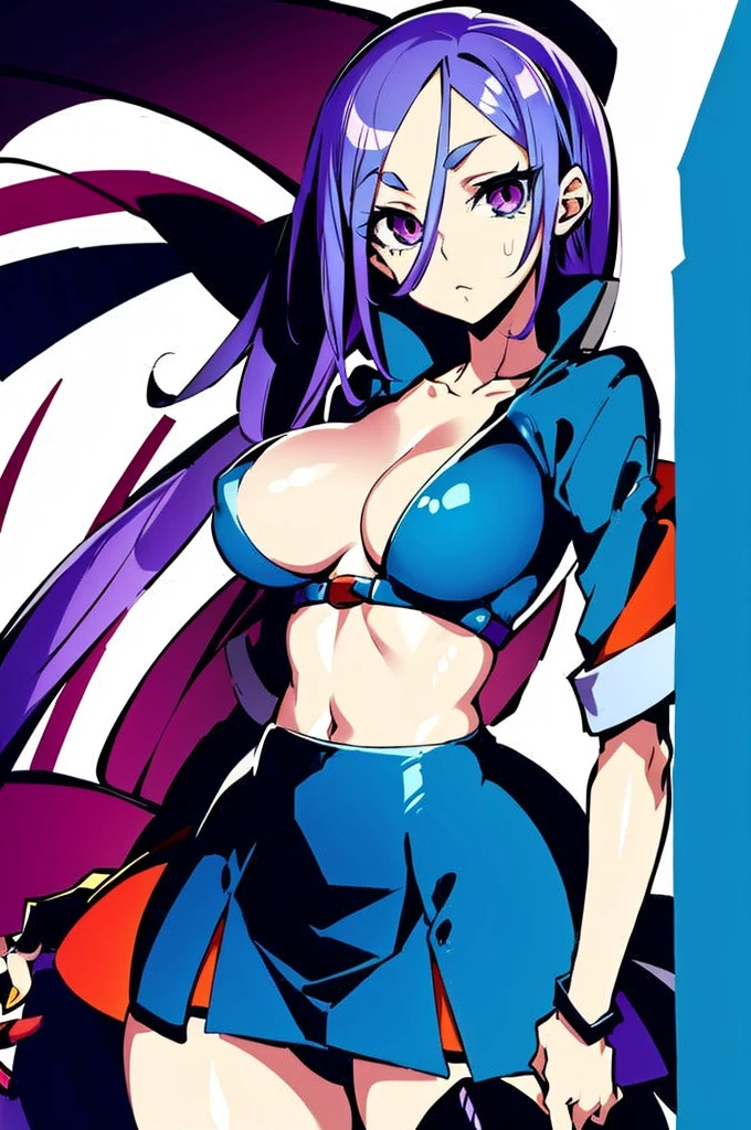 Create an anime girl with Squigly's hair and figure, but with a dark complexion. normal breasts, Put it in the heart of a bustling city, with tall buildings and bright lights. Your brown hair should stand out in this urban environment. Detail your facial expression and how you interact with the city's lively nightlife