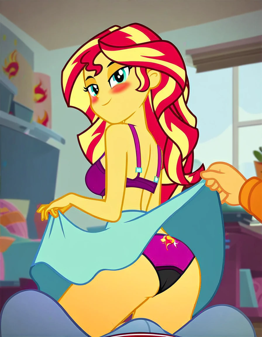 score_9, score_8_up, score_7_up, score_6_up, score_5_up, score_4_up, background sunset apartment, bedroom, sunset shimmer, equestria girls, cute, romantic, bedroom eyes, breasts, bra, female, sexy, bend over, looking back, looking at viewer, beautiful, panties, upskirt, skirt lift, shirt lift, cartoon, vector, show accurate, blushing, male pov, Sunset sticks her ass out, shapely ass, thongs panties, bikini. Male POV has a very huge and big tent in his pants, erection bulge in pants