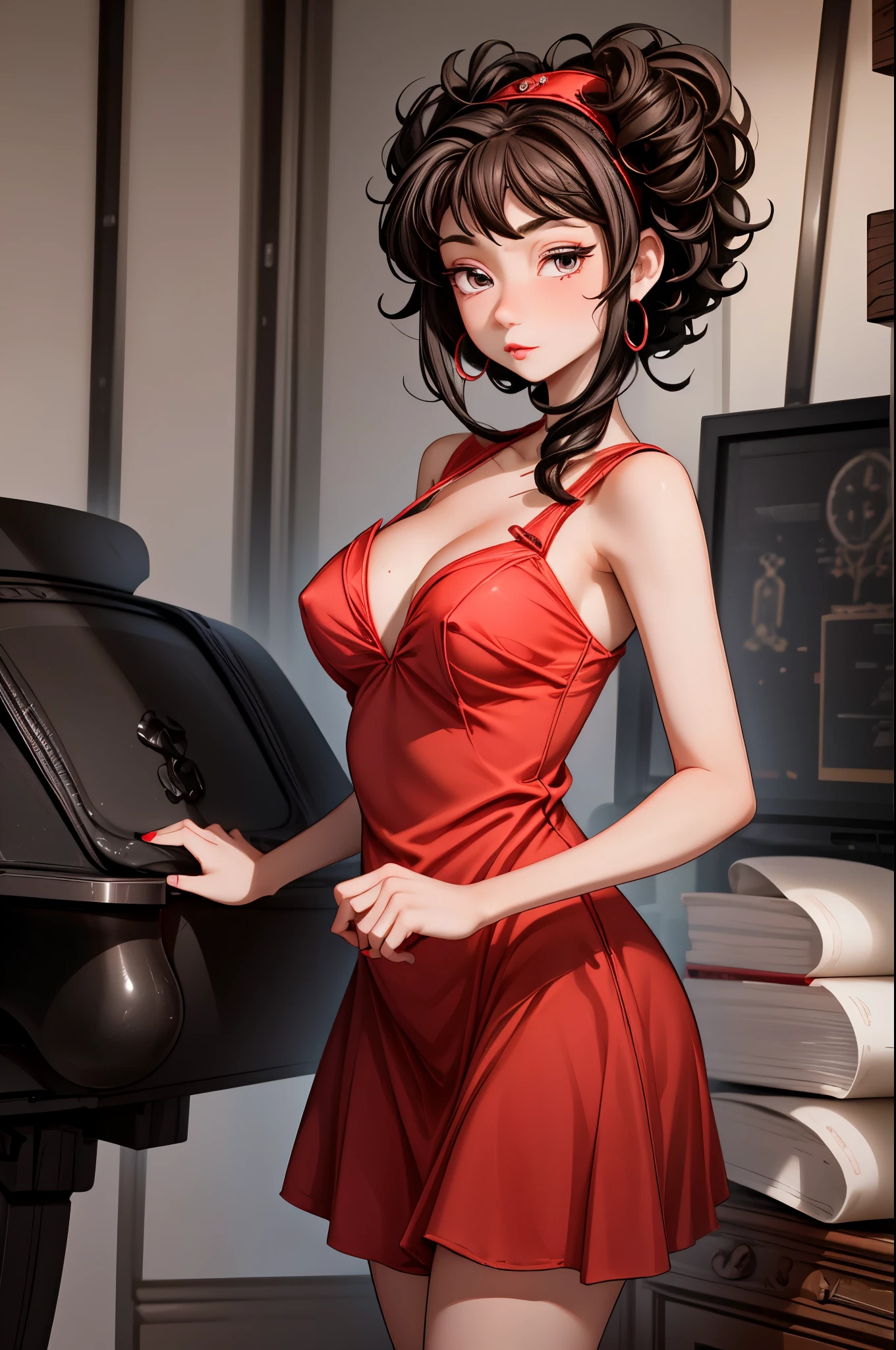 (8K HDR photorealistic pic), Betty Boop, short, althetic, curvy lady, ((tight little red dress)), dark eyebrows, black lipstick, (hoop earrings), dark eyeshadow, black lipstick, curvy, busty, (curly short black hair), shortstack, (retroussé breasts), darling figure, (supple pouting breasts), firm thighs, hourglass figure, kerchief, big brown eyes, dancing seductively