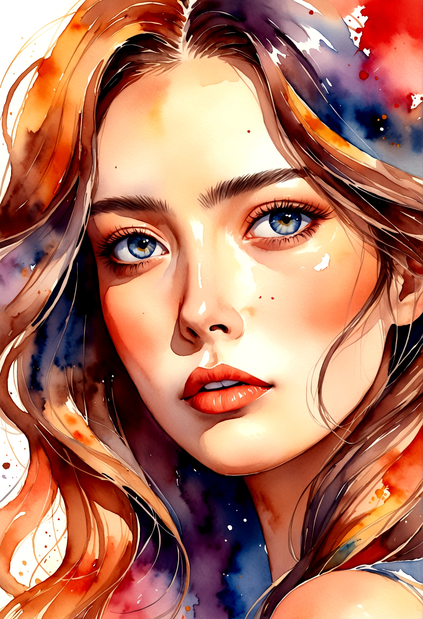 a woman with long hair and a colorful background, Watercolor painting, digital art portrait, beauty woman with detailed faces, Bela arte UHD 4K, digital illustration portrait, exquisite digital illustration, expressive feminine face, beautiful drawing style, digitalpainting, arte de digitalpainting, watercolor illustration style, digitalpainting em aquarela, digital art picture, painting digital art, watercolor style
