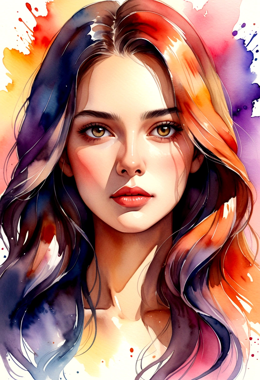 a woman with long hair and a colorful background, Watercolor painting, digital art portrait, beauty woman with detailed faces, Bela arte UHD 4K, digital illustration portrait, exquisite digital illustration, expressive feminine face, beautiful drawing style, digitalpainting, arte de digitalpainting, watercolor illustration style, digitalpainting em aquarela, digital art picture, painting digital art, watercolor style