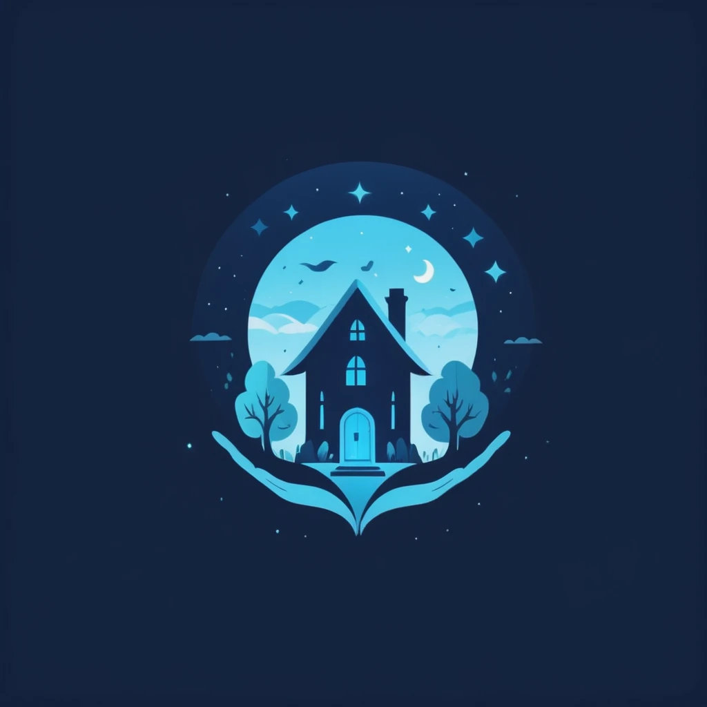 A logo with a family house full of magic, minimalist, Dark blue, light blue and turquoise.