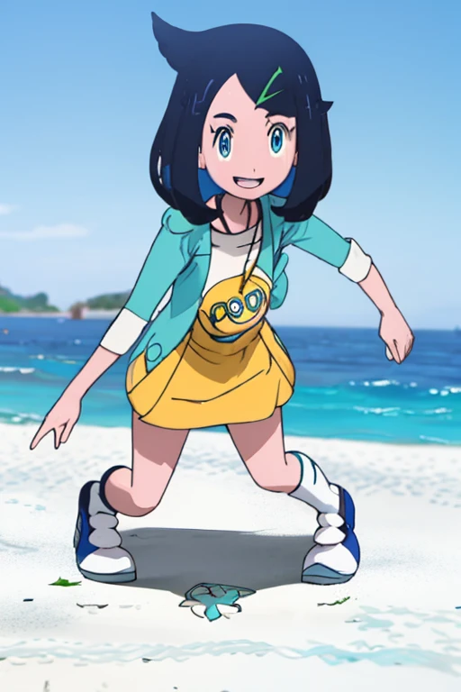 1girl, solo, Masterpice, blue hair short hair blue eyes, White tank top ,Yellow short, smiling, pokemon, White shoses, beach day time, looking at the veiwers, high Quality, outdoors, blue sandals, open mouth, Teeth, 4k, 