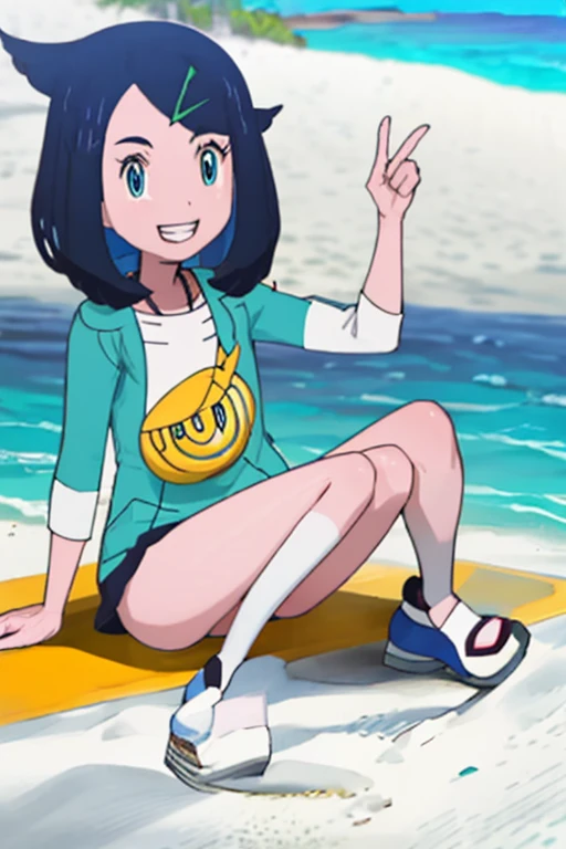 1girl, solo, Masterpice, blue hair short hair blue eyes, White tank top ,Yellow short, smiling, pokemon, White shoses, beach day time, looking at the veiwers, high Quality, outdoors, blue sandals, open mouth, Teeth, 4k, 