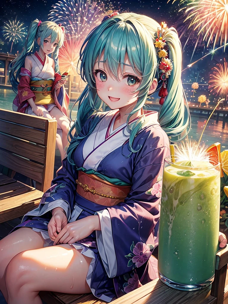 (highest quality)), ((masterpiece)), (family friendly), Perfect Face,Shiny skin,Beautiful breasts,Shiny skin、Kyoto Animation style painting、Hair、Sunburned skin、night、Hatsune Miku、(((2 girls)))、(((firework)))、(((night)))、Sit on a bench、(Sweat)、
、kimono、(((かき氷)))、smile、look up、Open your mouth、手を繋ぐ