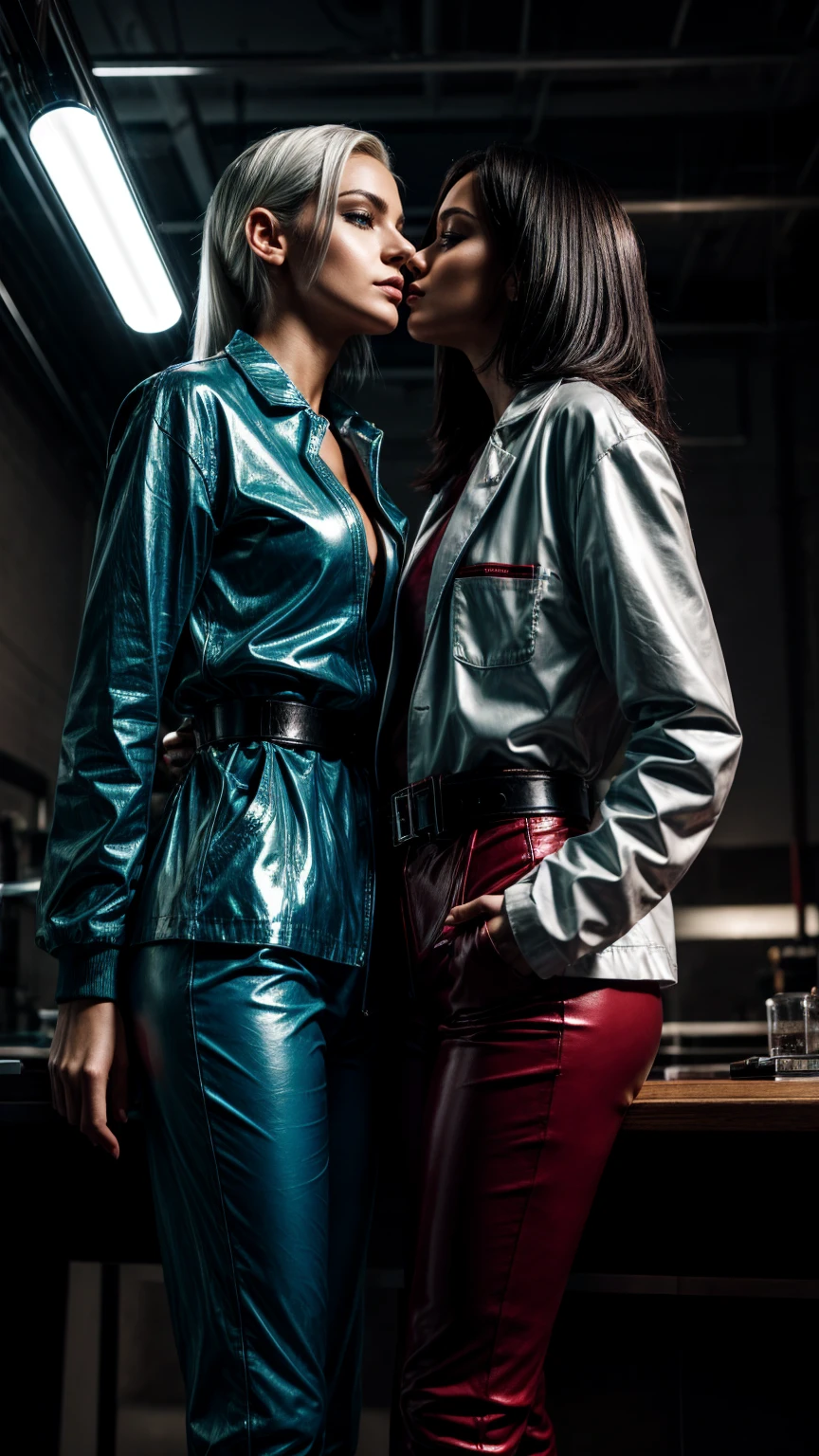 Seductive and confident look. Distant image. Labcoat. Long legs. Two Slim age european girls. Lesbian kissing. Shiny Red leather trousers, sneakers, blue tshirt. Vintage science laboratory. White hair, sidecut. Piercing. backlit, smirk, belt, backlit, perfect sultry make-up, cinematic, realistic, high contrast, visually rich,piercing eyes, strong eyeliner, mesmerizing eyes, elegant, graceful, natural beauty, charismatic, versatile, photogenic, very detailed