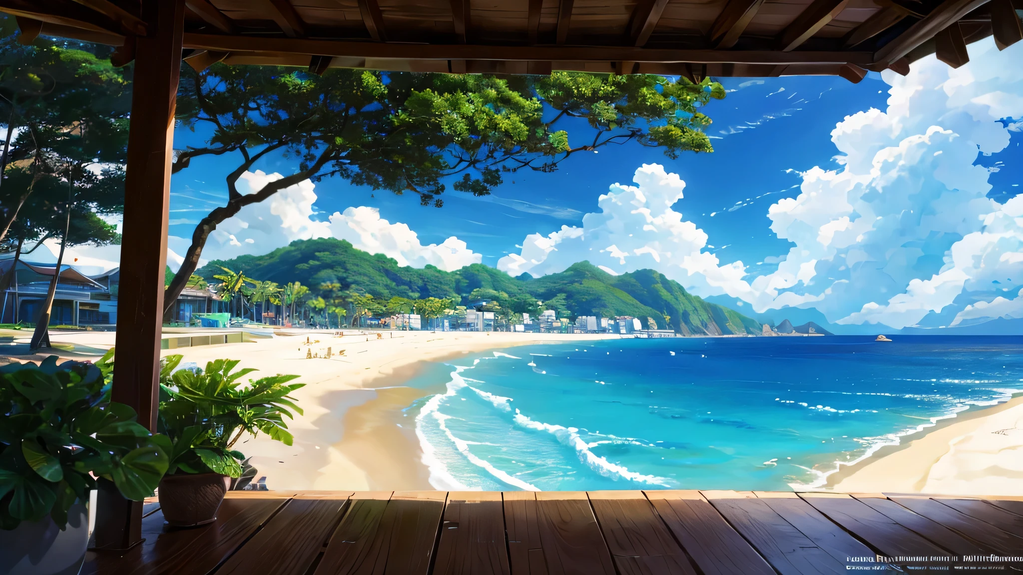 Brazil beach captured by Makoto Shinkai. The calm sea. The light wind ruffles the palm leaves and scatters fine sand across the promenade. (best qualityer), 8k resolution), (ultra highres).
