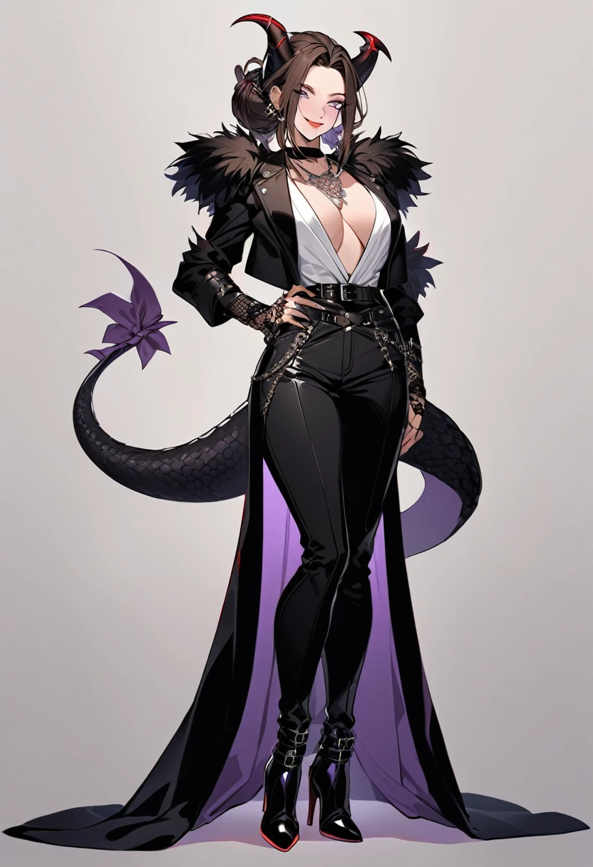 Tall woman, cheeky smile, brunette, hair gathered in a low bun, strands on the sides of face, red and black clothes with open chest, deep necklace, purple eyes, dragon tail and horns, belts, pants, light lipstick, high heels leather boots