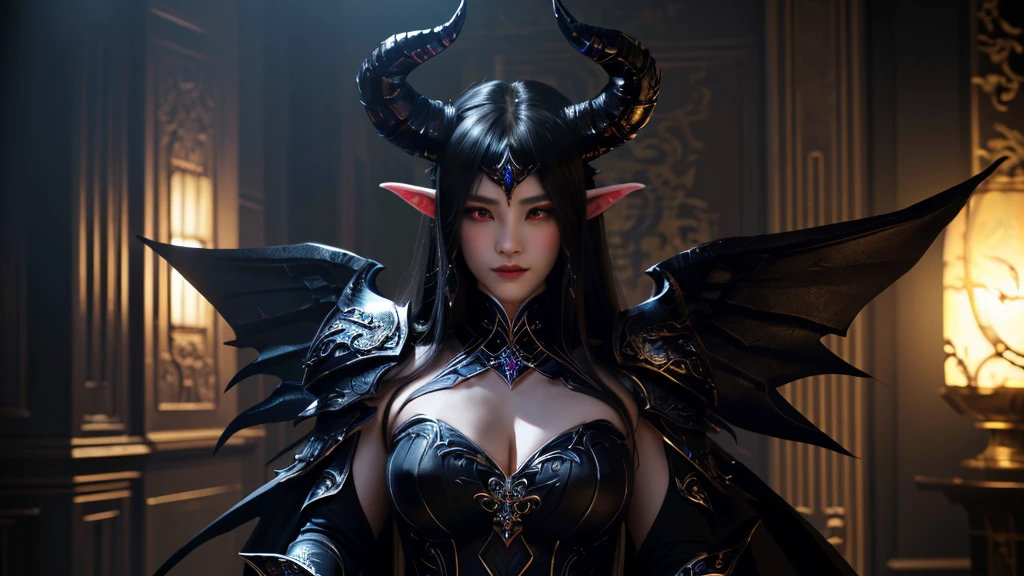 There is a woman in a black dress with horns and a black dress, by Yang J, beautiful and elegant demon queen, dark fantasy style, beautiful succubus, sartén chengwei en artstation, the villain has black angel wings, dark fantasy style art, Dark fantasy mixed with realism., fanart best art station, ross tran 8k, portrait of a dark fantasy nymph