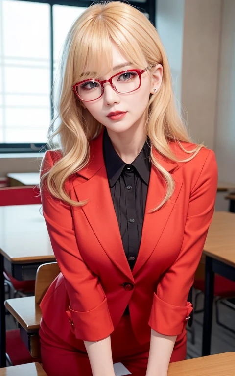 Chinese Idol Evening Classroom Mature Woman 40 years old Blonde wavy hair with bangs Rimless Glasses Bright red rouge lips suit female teacher after school