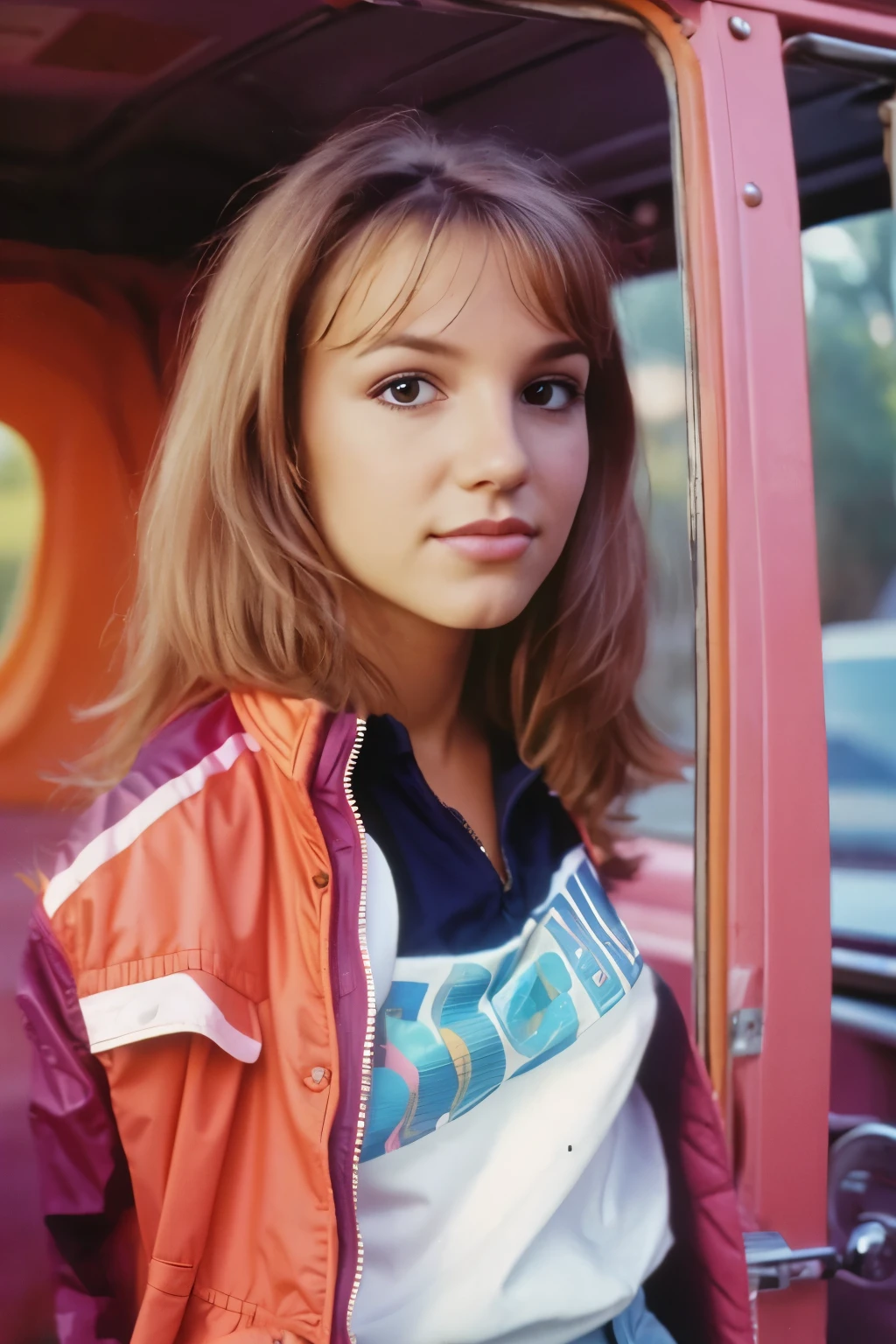 She is wearing a youthful pink wind jacket typical of the 90s.