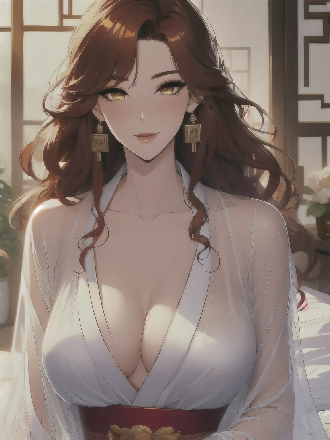 (masterpiece, best quality:1.2), 1women, xian mei, solo golden eyes, long red curly hair, jewellery, perfect anatomy, chinese traditional room, nudity, nude, sexy, hot, night, starry sky, night beautiful sky, shining stars,