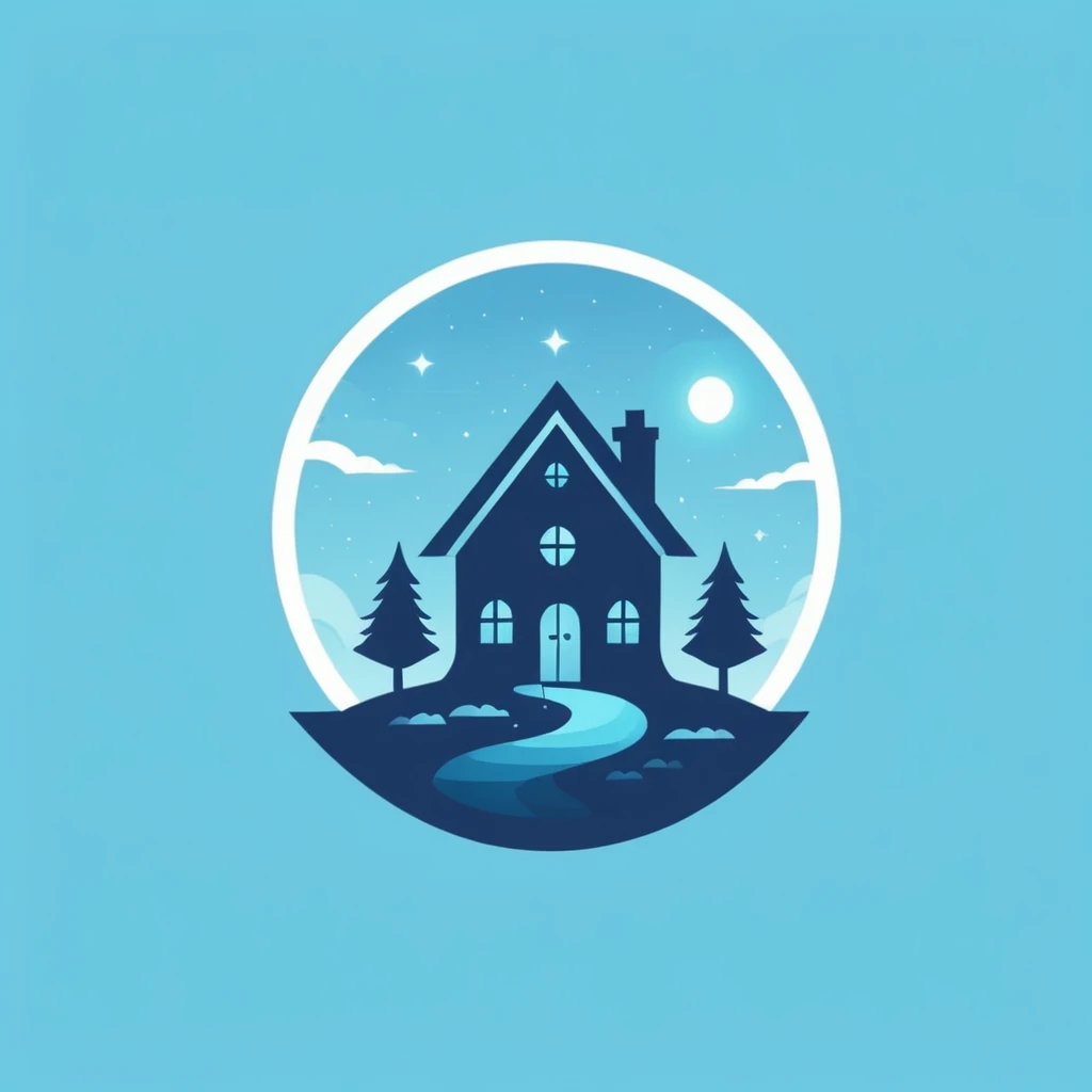 A logo with a family house full of magic, minimalist, Dark blue, light blue and turquoise.