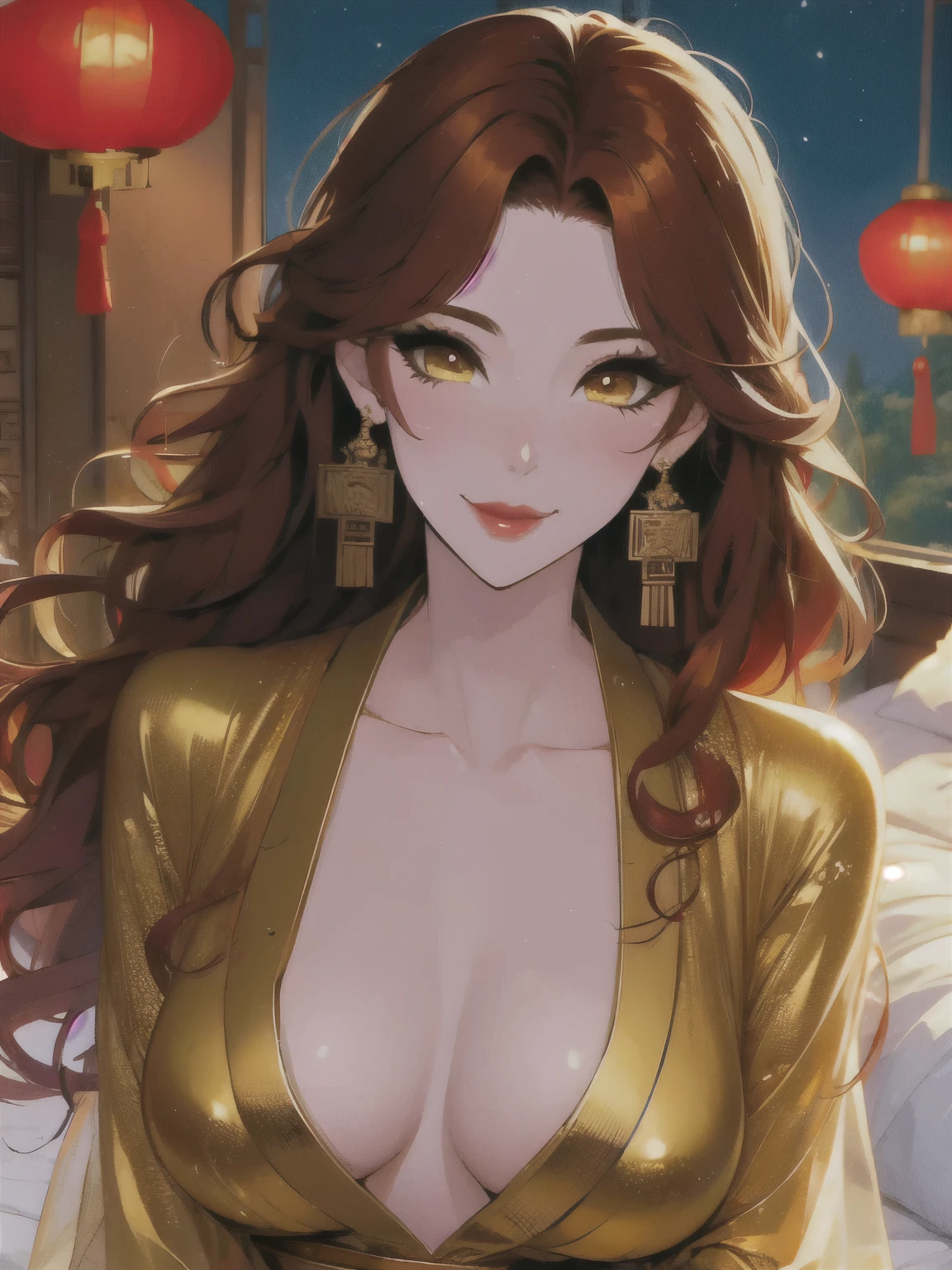 (masterpiece, best quality:1.2), 1women, xian mei, solo golden eyes, long red curly hair, jewellery, perfect anatomy, chinese traditional room, nudity, nude, sexy, hot, night, starry sky, night beautiful sky, shining stars,