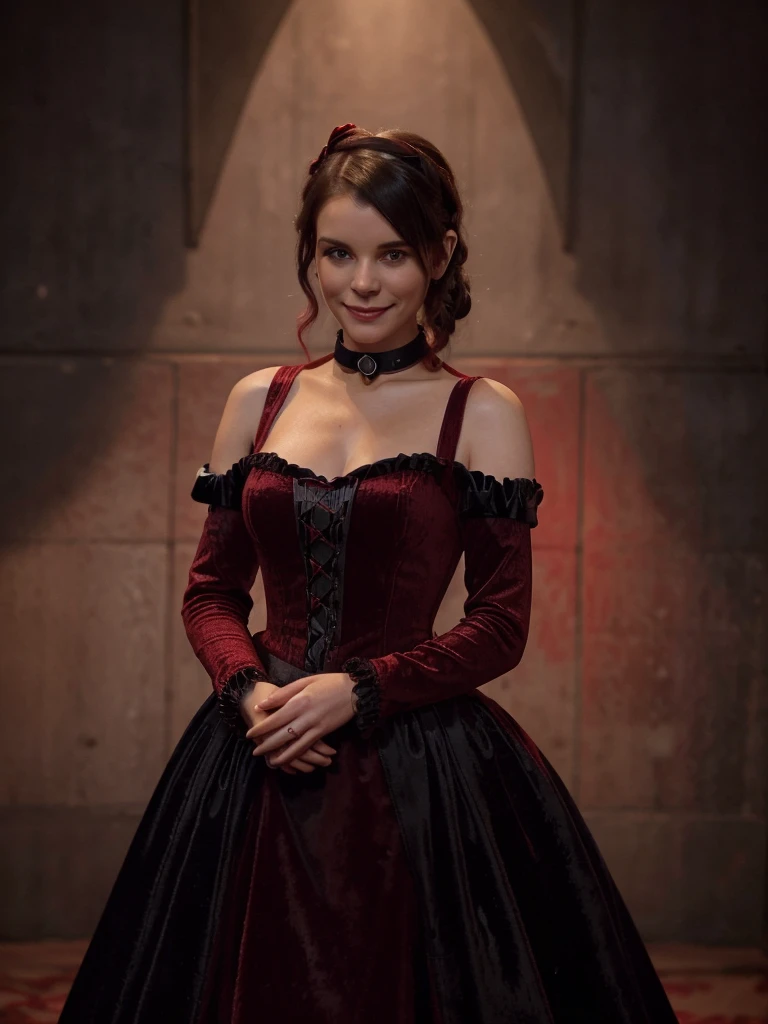 (Kate Mara: 1.0), she is in a (((black and red long velvet dress))), (((victorian evening dress))), ((victorian collar)), cathedral, temple, noble, virgin, realistic, dark, dreamy and ethereal, gentle, (Seductive Smile: 1.4), pixie hair, short hair, Warm, single person, concept art, masterpiece, ultrarealistic