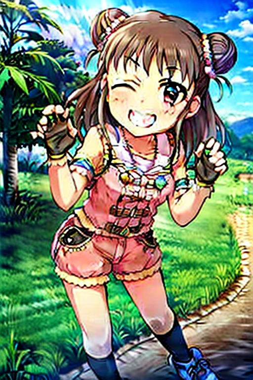 (masterpiece), munakata atsumi, brown hair, hair bun, brown eyes, gloves, 1girl, one eye closed, Denim shorts and thigh-high black socks, Pink platform sneakers, Standing pose, tree, outdoors, smile
