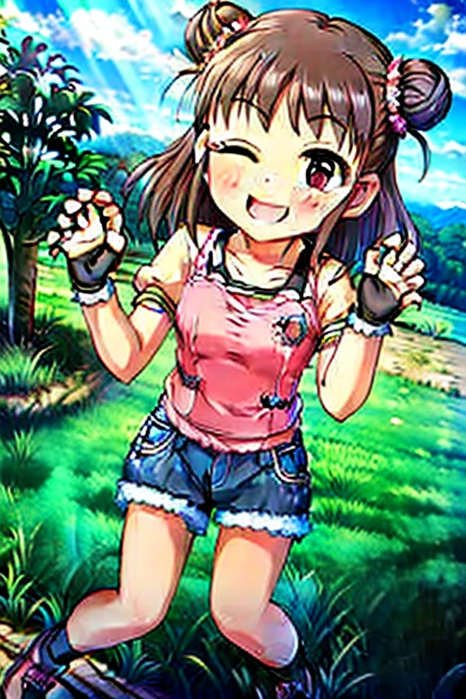 (masterpiece), munakata atsumi, brown hair, hair bun, brown eyes, gloves, 1girl, one eye closed, Denim shorts and thigh-high black socks, Pink platform sneakers, Standing pose, tree, outdoors, smile