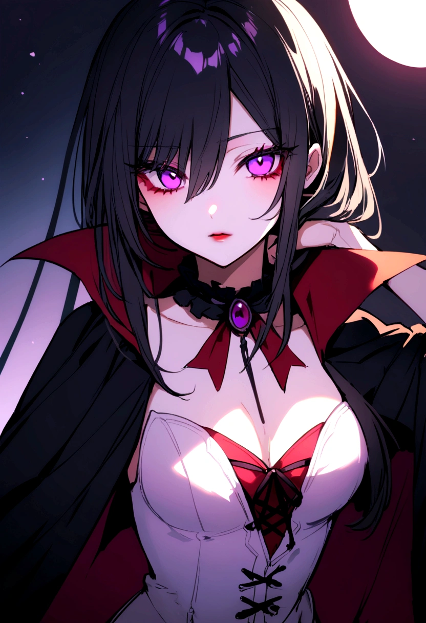 Vampire with fangs and huge breasts in a lace bra in the dark of a forest