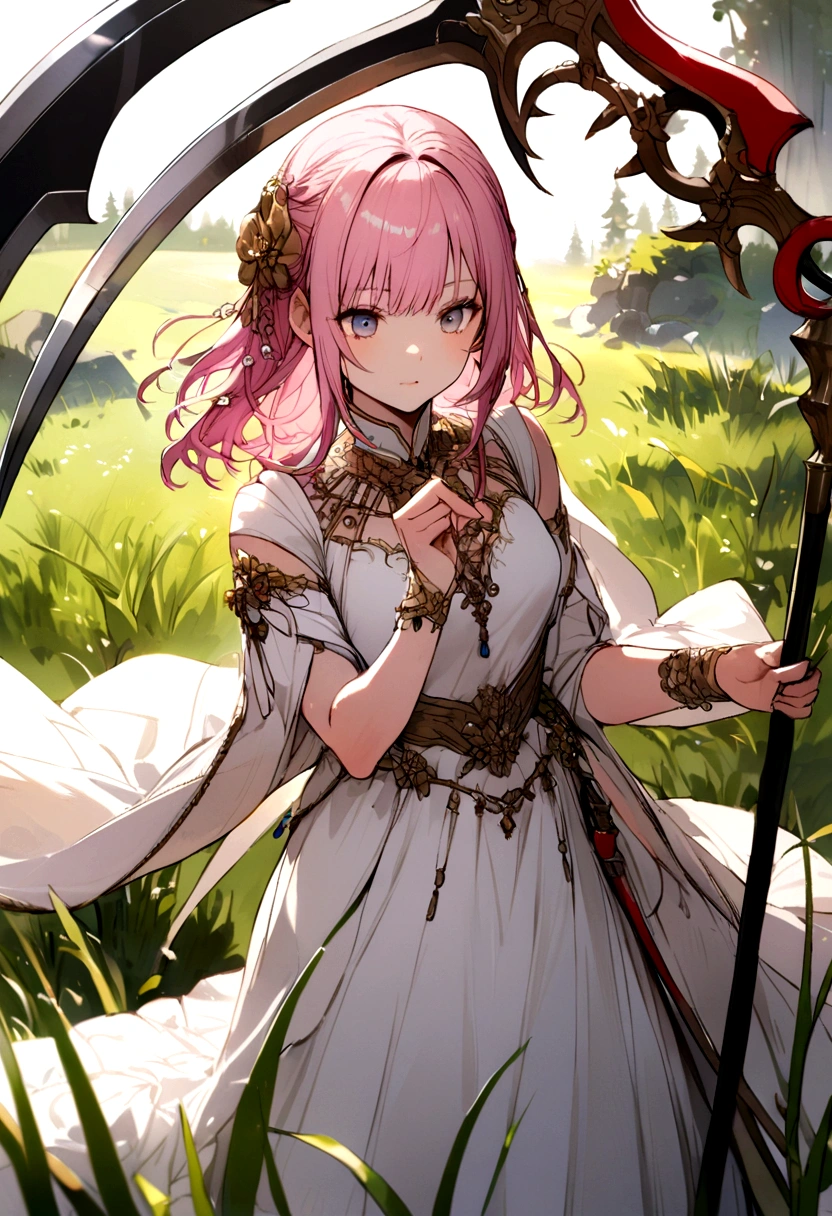 scythe、Grass-cutting sickle、Hold a sickle in each hand、Pink haired girl