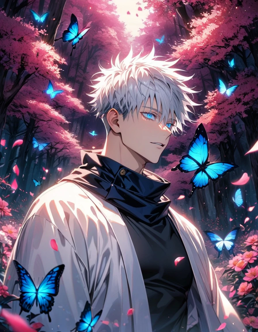 Ultra detailed, highres, absurdres, HDR, Gojou Satoru, white hair with bangs, blue eyes, black scarf, black tight shirt, white haori, Jujutsu Kaisen, handsome, 1 man only, pink forest, butterflies, flowers, petals,