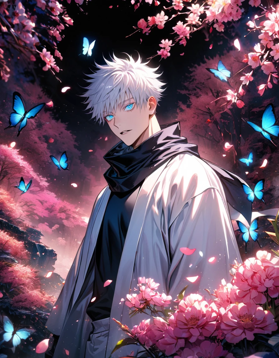 Ultra detailed, highres, absurdres, HDR, Gojou Satoru, white hair with bangs, blue eyes, black scarf, black tight shirt, white haori, Jujutsu Kaisen, handsome, 1 man only, pink forest, butterflies, flowers, petals,