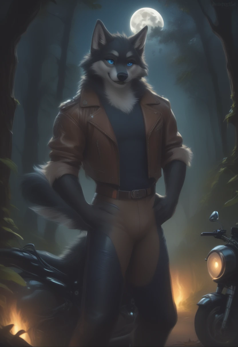 detailed illustration, dynamic angle, ultra-detailed, illustration, 1boy, leather jacked, wolf, silver wolfkin, blue eyes, standing in woods, disney style, happy, cartoon, leaning on a motorcycle, night