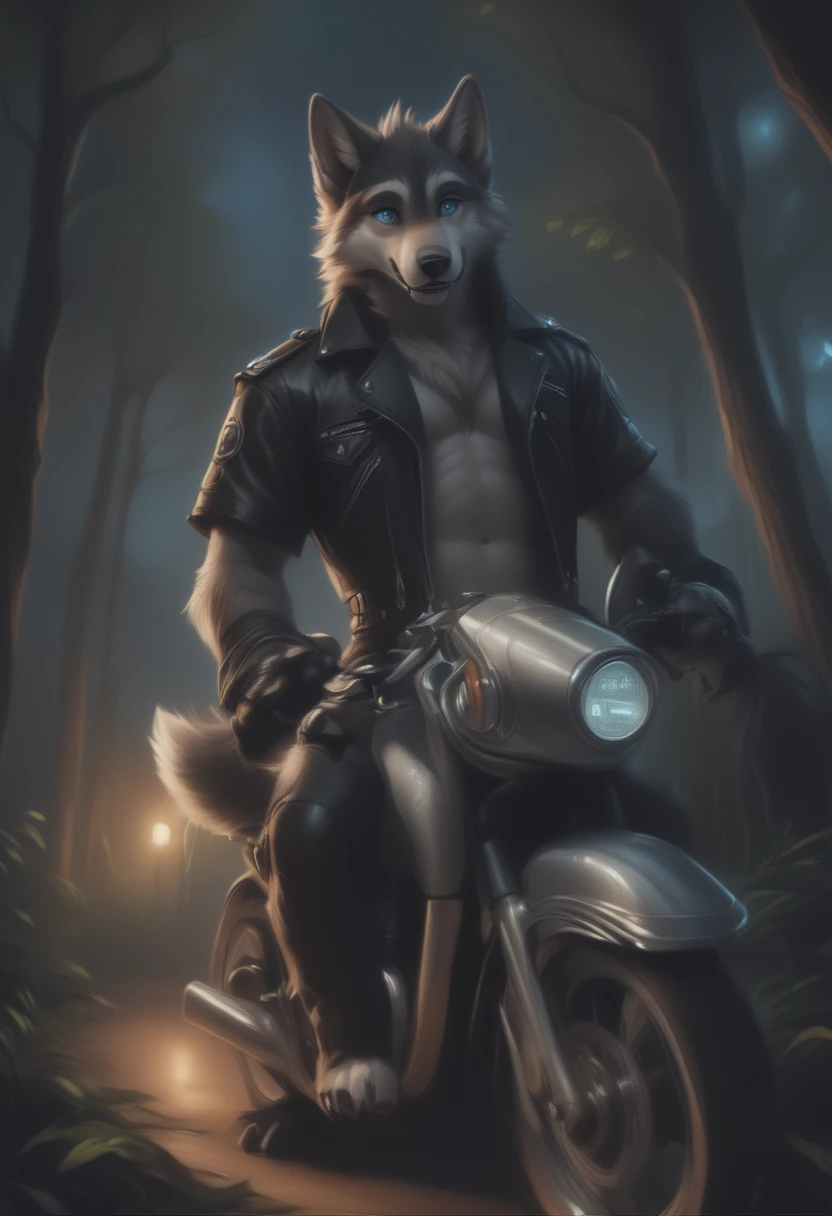 detailed illustration, dynamic angle, ultra-detailed, illustration, 1boy, leather jacked, wolf, silver wolfkin, blue eyes, standing in woods, disney style, happy, cartoon, leaning on a motorcycle, night