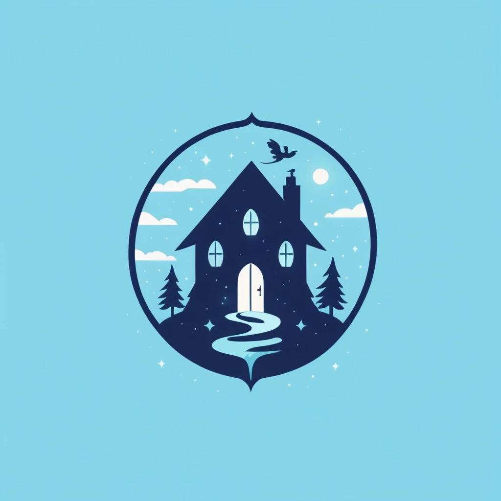 A logo with a family house full of magic and magical creatures, minimalist, Dark blue, light blue and turquoise.