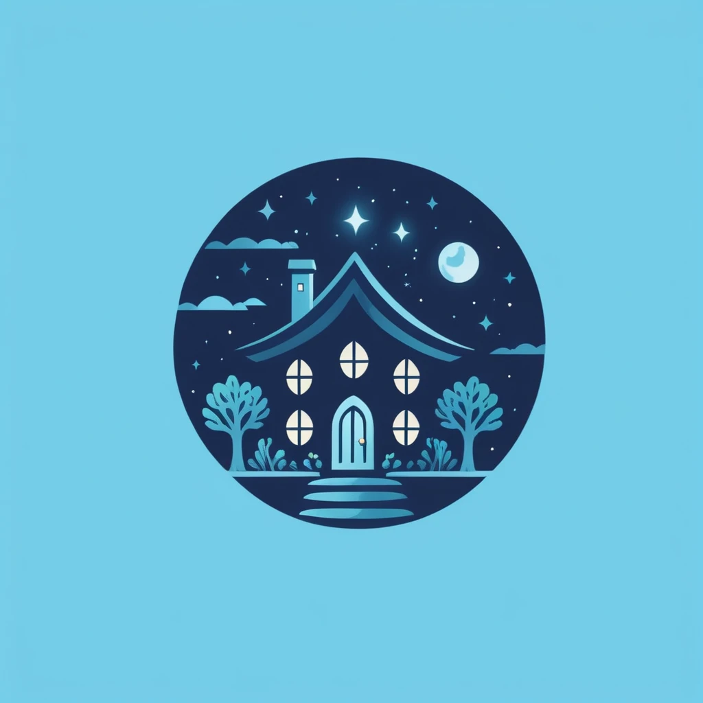 A logo with a family house full of magic and magical creatures, minimalist, Dark blue, light blue and turquoise.