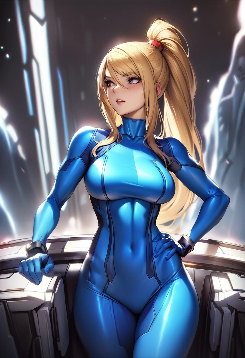 masterpiece, best quality, 1girl, (neoartcore:0.25), high quality cg defsamus, blonde hair, bodysuit, blue clothes, blue gloves,, cowboy shot, hand on hip, looking to the side, futuristic