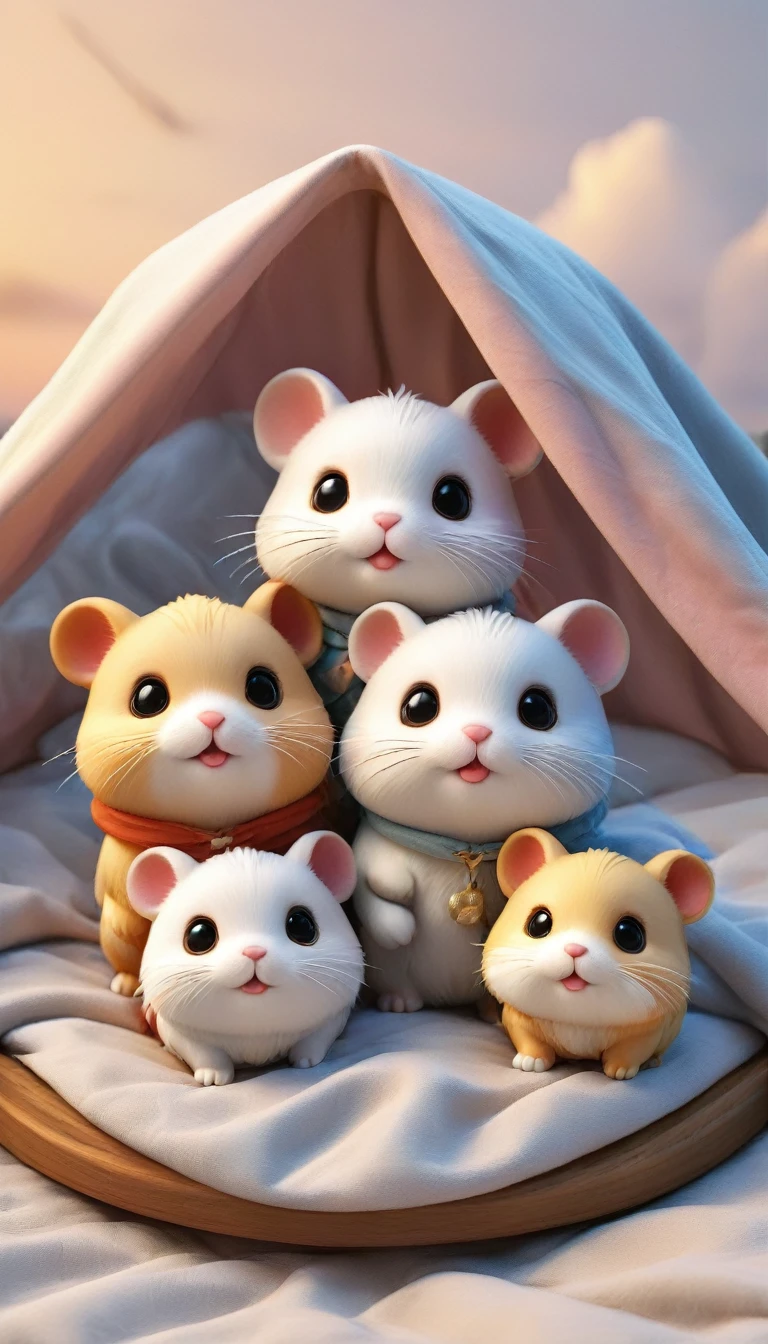 With the sunset in the background,(masterpiece:1.2, high quality), Several hamsters sleeping together in bed、