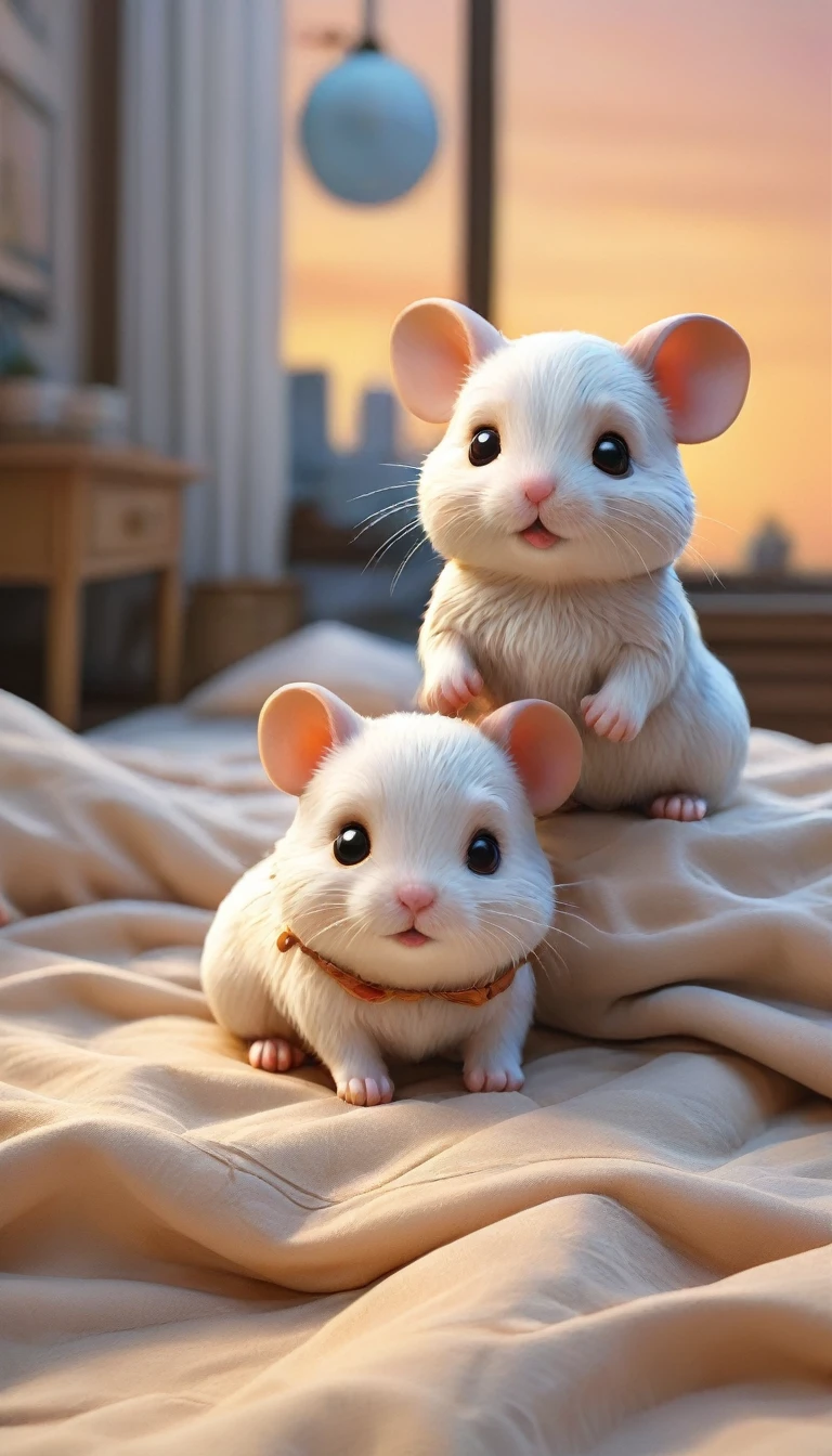 With the sunset in the background,(masterpiece:1.2, high quality), Several baby hamsters sleeping together in bed、