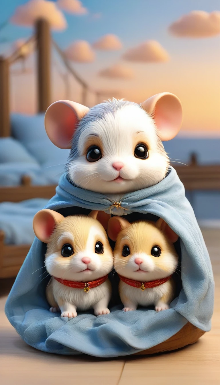 With the sunset in the background,(masterpiece:1.2, high quality), Several baby hamsters sleeping together in bed、